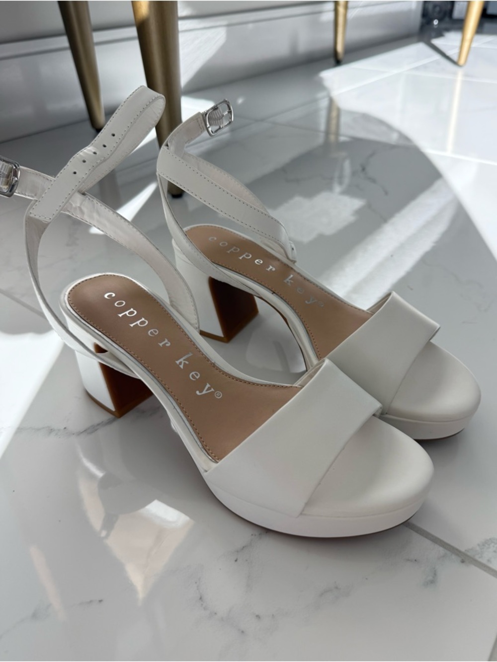 Copper Key White Ankle-Strap Block Heel Sandals